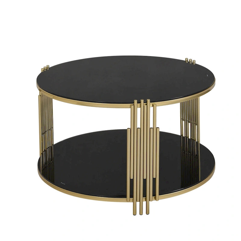 31.5  Tempered Glass Coffee Table with Asymmetrical Metal Design and Lower Shelf