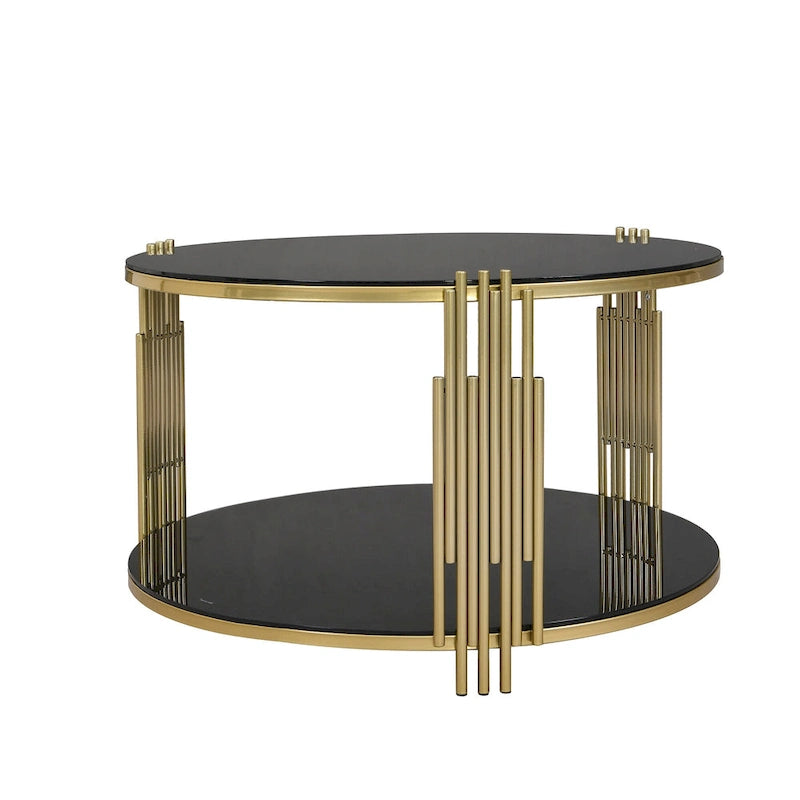 31.5  Tempered Glass Coffee Table with Asymmetrical Metal Design and Lower Shelf