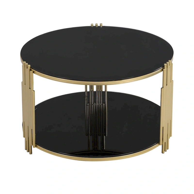 31.5  Tempered Glass Coffee Table with Asymmetrical Metal Design and Lower Shelf