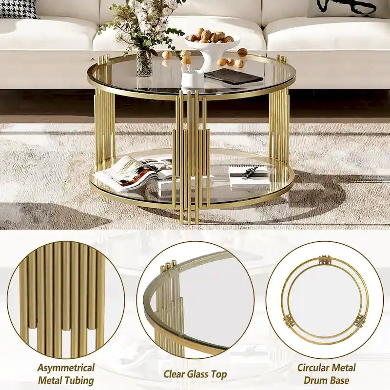31.5  Tempered Glass Coffee Table with Asymmetrical Metal Design and Lower Shelf