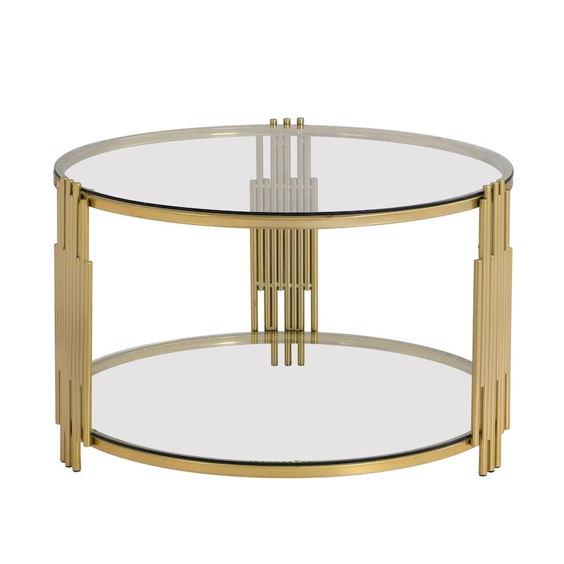 31.5  Tempered Glass Coffee Table with Asymmetrical Metal Design and Lower Shelf