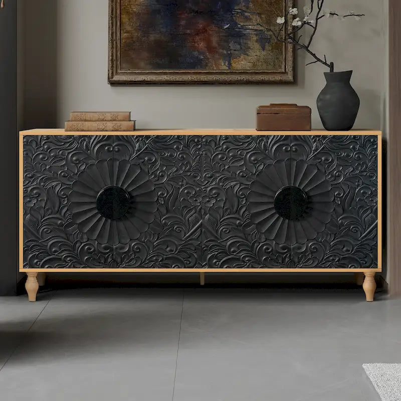 63  Accent TV Stand with Carved Doors & Wood Legs for Living Room