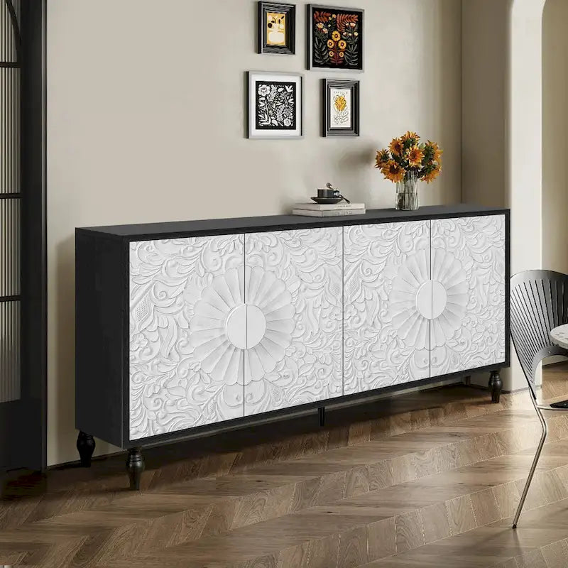 63  Accent TV Stand with Carved Doors & Wood Legs for Living Room