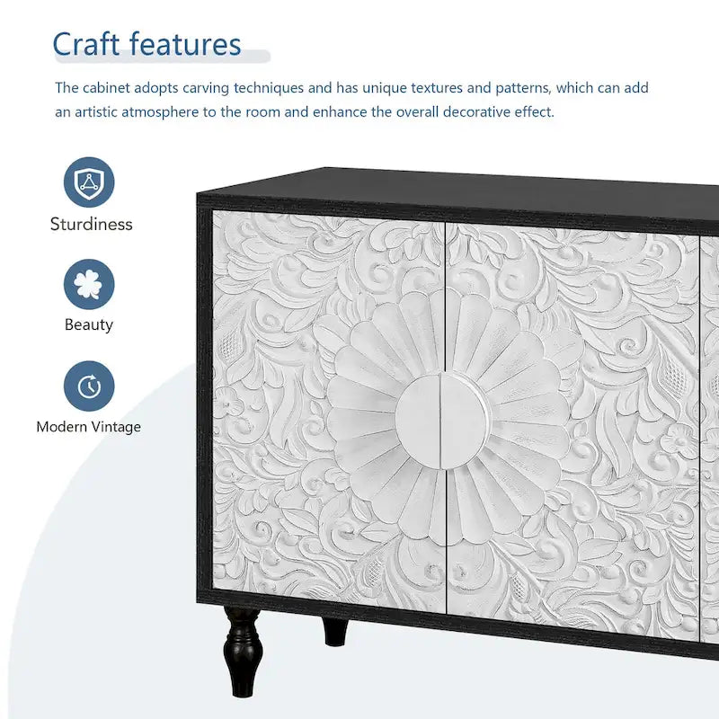 63  Accent TV Stand with Carved Doors & Wood Legs for Living Room