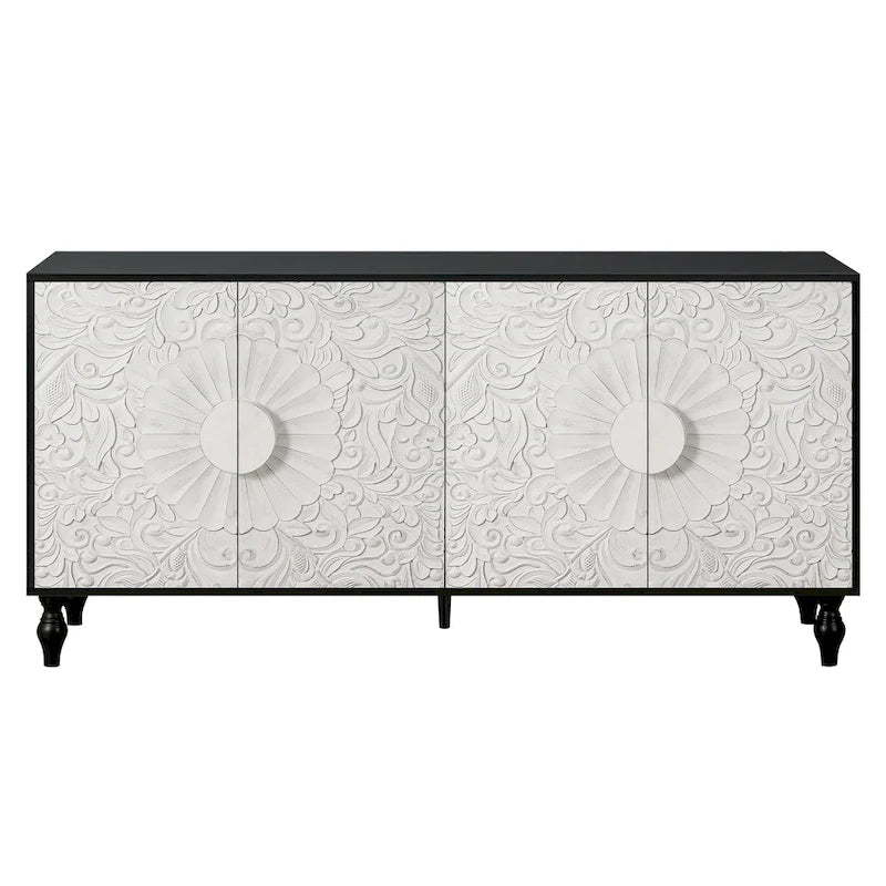 63  Accent TV Stand with Carved Doors & Wood Legs for Living Room