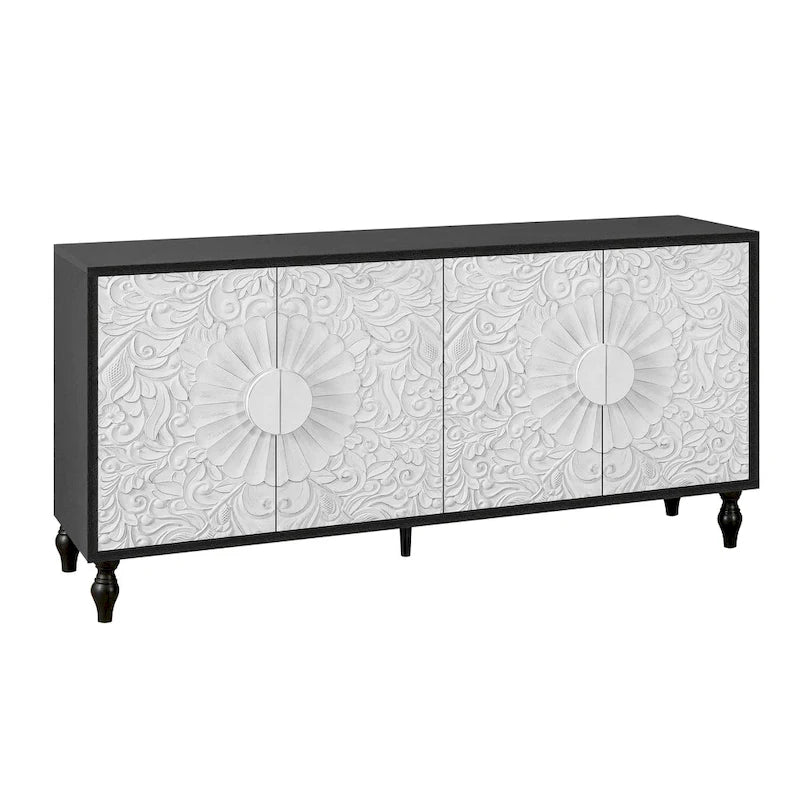 63  Accent TV Stand with Carved Doors & Wood Legs for Living Room