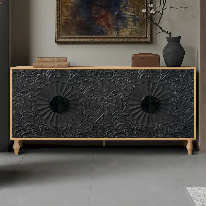 63  Accent TV Stand with Carved Doors & Wood Legs for Living Room