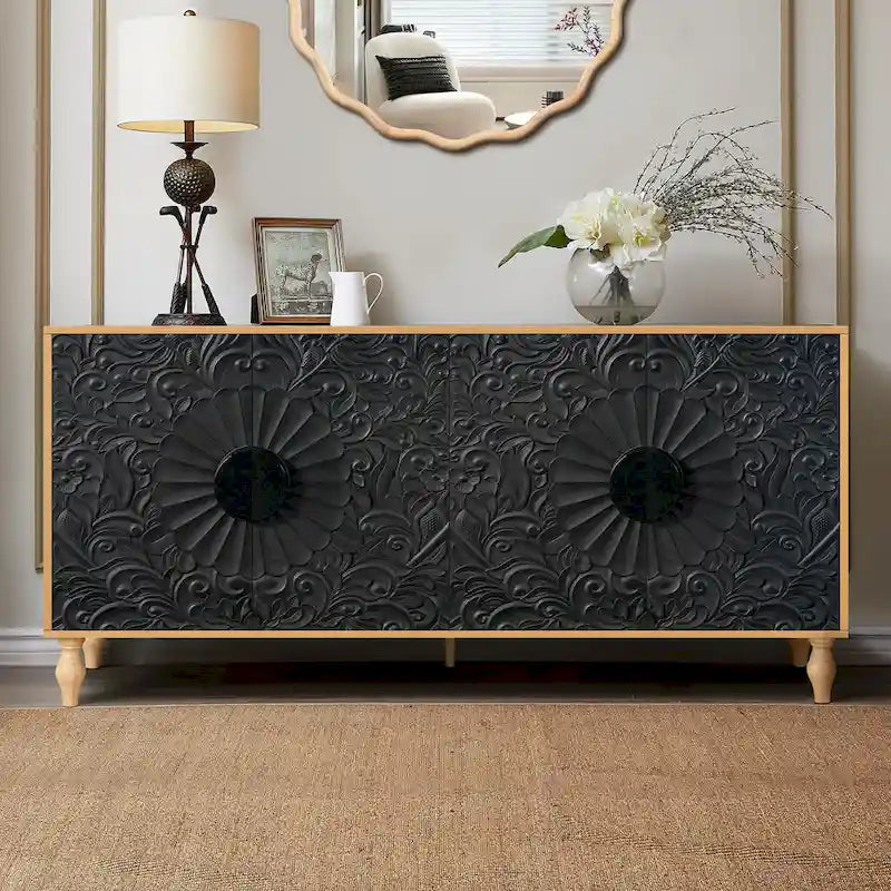 63  Accent TV Stand with Carved Doors & Wood Legs for Living Room