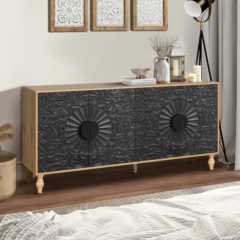 63  Accent TV Stand with Carved Doors & Wood Legs for Living Room