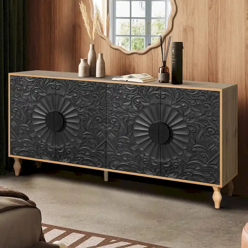 63  Accent TV Stand with Carved Doors & Wood Legs for Living Room