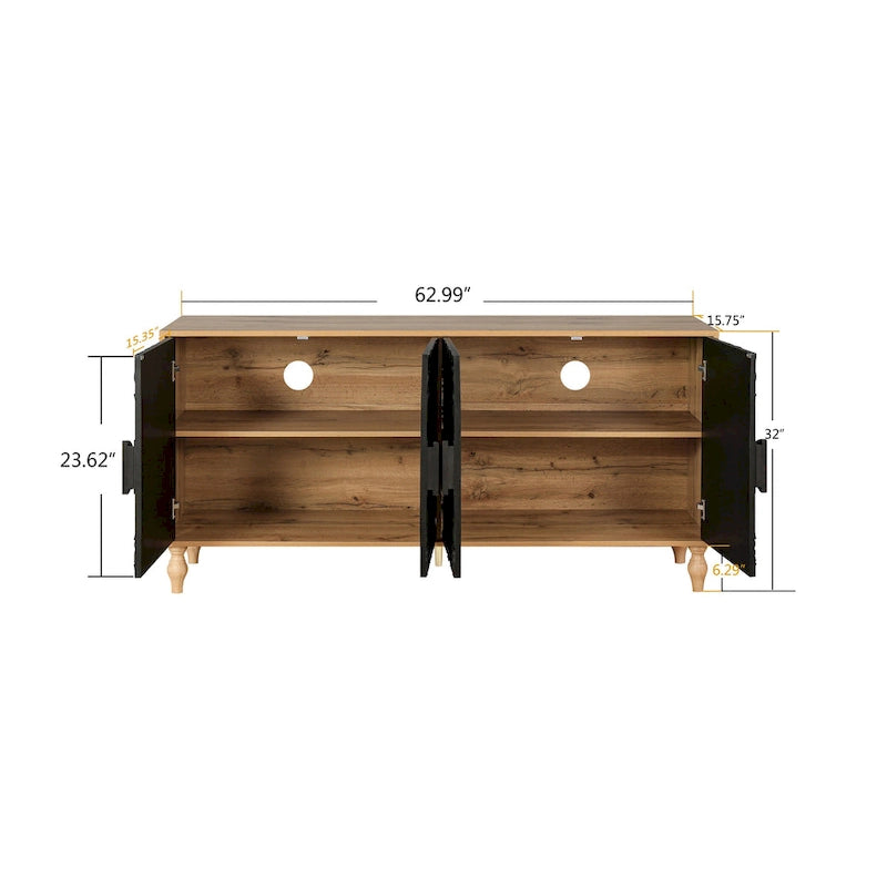 63  Accent TV Stand with Carved Doors & Wood Legs for Living Room