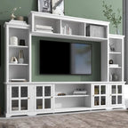 Entertainment Wall Unit with Bridge, Tempered Glass Doors for TVs Up to 70 