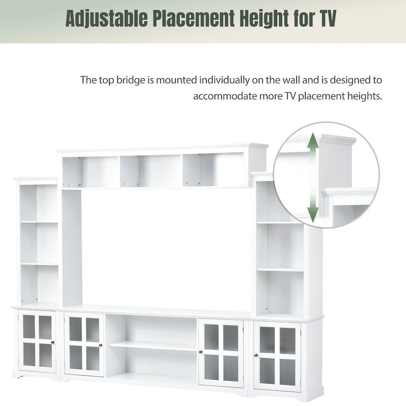 Entertainment Wall Unit with Bridge, Tempered Glass Doors for TVs Up to 70