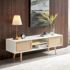 55.12  TV Stand with Double Sliding Doors, Solid Wood Legs and Adjustable Shelf for Living Room