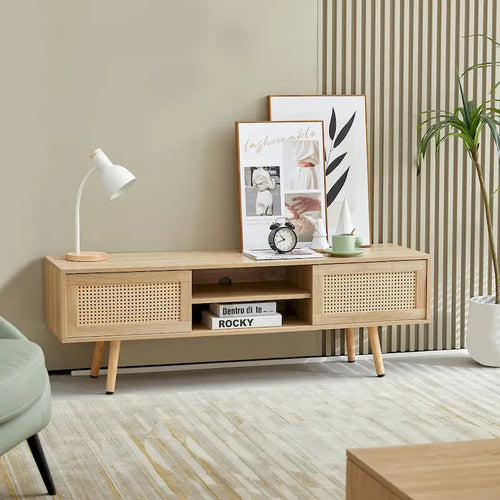 55.12  TV Stand with Double Sliding Doors, Solid Wood Legs and Adjustable Shelf for Living Room