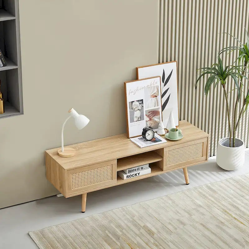 55.12  TV Stand with Double Sliding Doors, Solid Wood Legs and Adjustable Shelf for Living Room