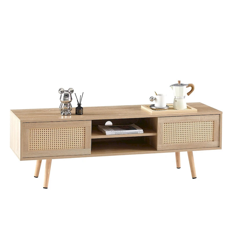 55.12  TV Stand with Double Sliding Doors, Solid Wood Legs and Adjustable Shelf for Living Room