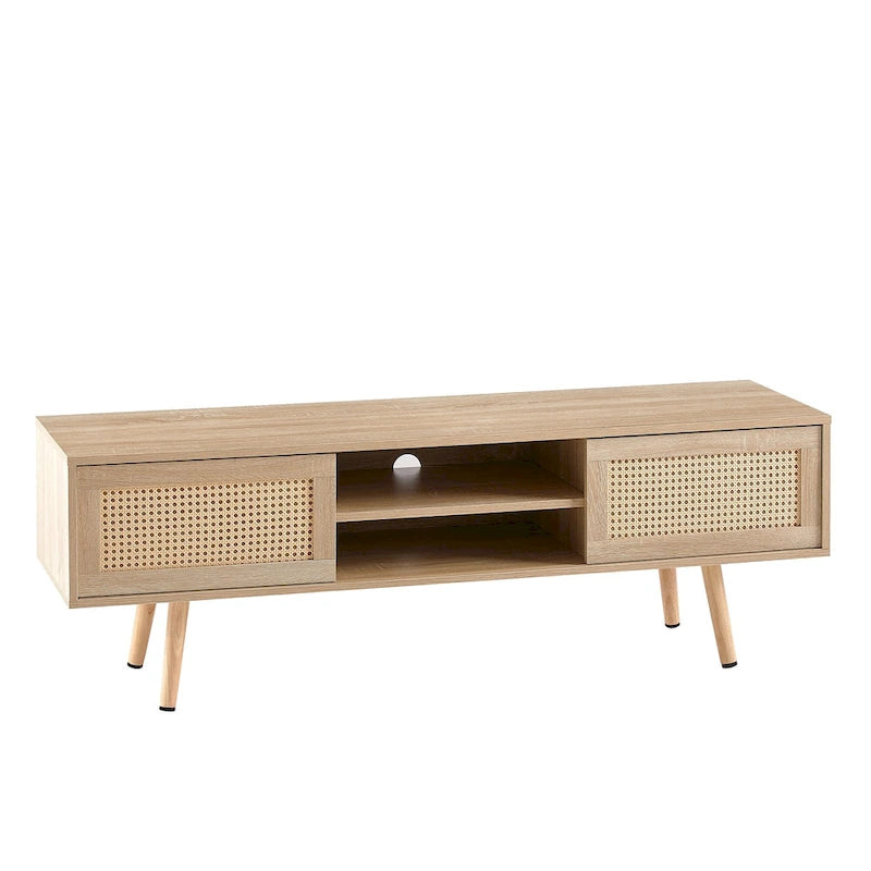 55.12  TV Stand with Double Sliding Doors, Solid Wood Legs and Adjustable Shelf for Living Room
