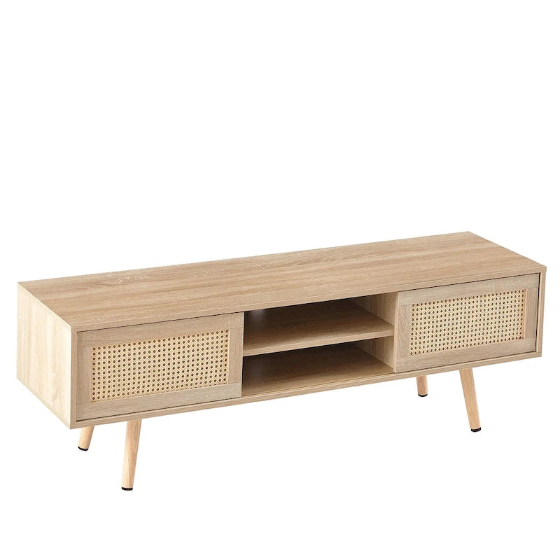 55.12  TV Stand with Double Sliding Doors, Solid Wood Legs and Adjustable Shelf for Living Room