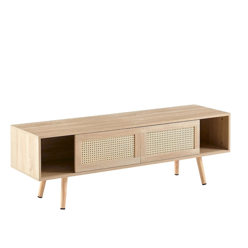 55.12  TV Stand with Double Sliding Doors, Solid Wood Legs and Adjustable Shelf for Living Room