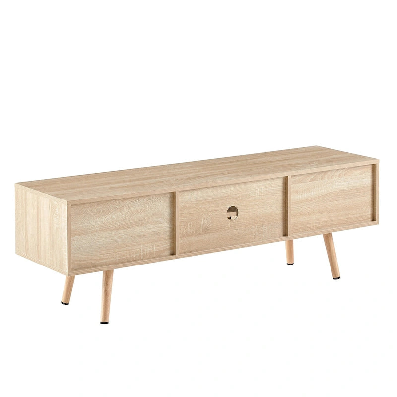 55.12  TV Stand with Double Sliding Doors, Solid Wood Legs and Adjustable Shelf for Living Room