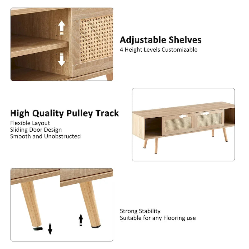 55.12  TV Stand with Double Sliding Doors, Solid Wood Legs and Adjustable Shelf for Living Room