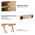 55.12  TV Stand with Double Sliding Doors, Solid Wood Legs and Adjustable Shelf for Living Room