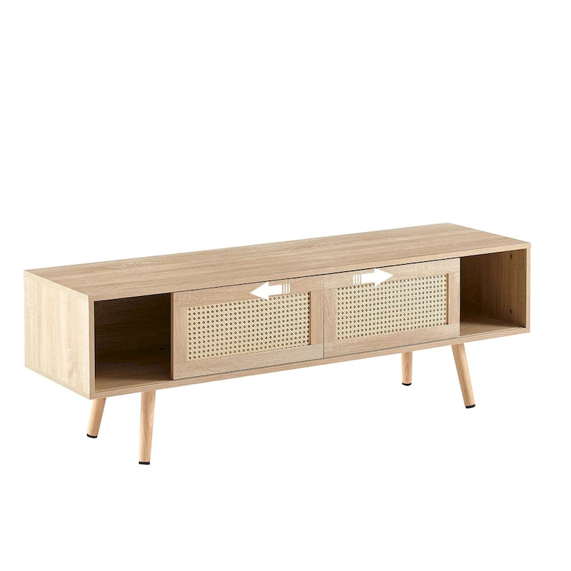 55.12  TV Stand with Double Sliding Doors, Solid Wood Legs and Adjustable Shelf for Living Room