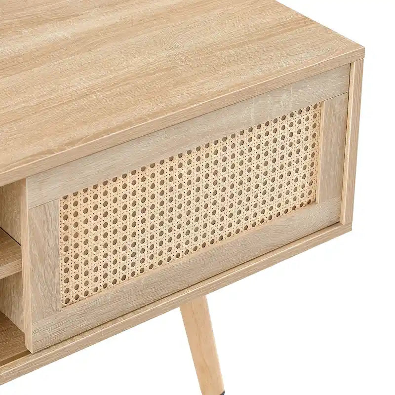 55.12  TV Stand with Double Sliding Doors, Solid Wood Legs and Adjustable Shelf for Living Room
