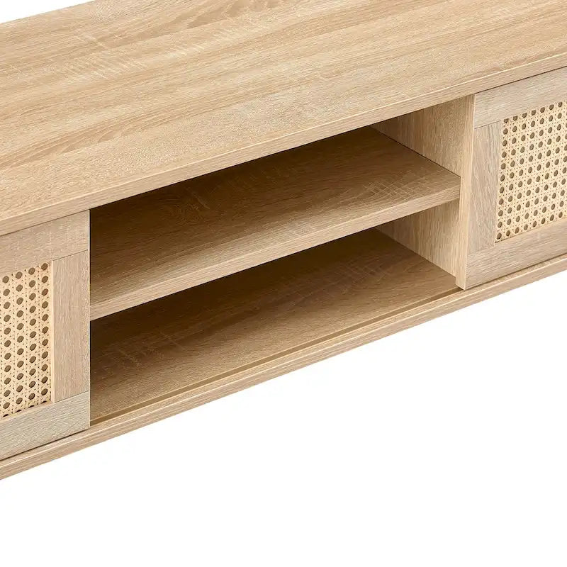 55.12  TV Stand with Double Sliding Doors, Solid Wood Legs and Adjustable Shelf for Living Room