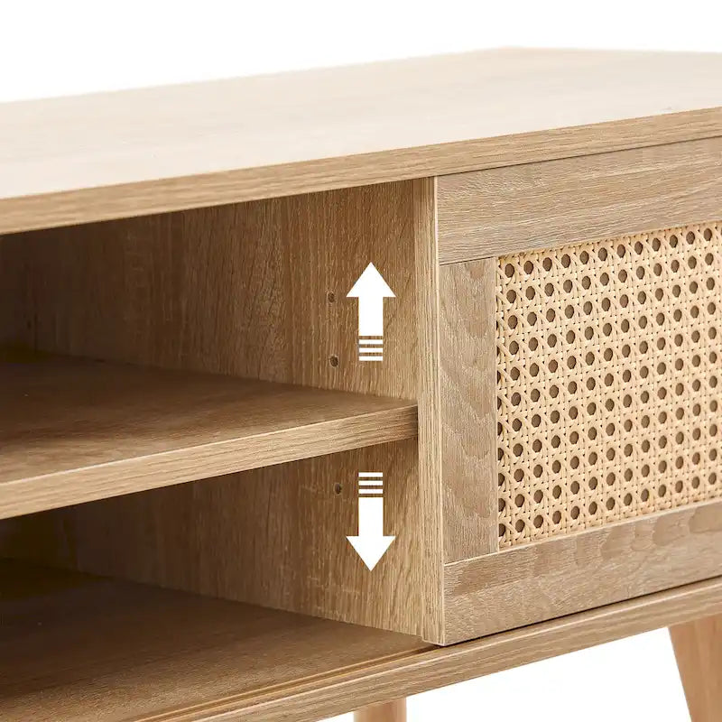 55.12  TV Stand with Double Sliding Doors, Solid Wood Legs and Adjustable Shelf for Living Room