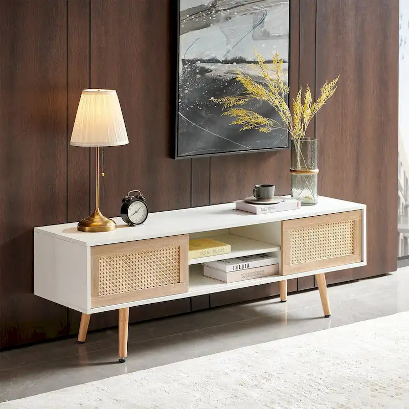 55.12  TV Stand with Double Sliding Doors, Solid Wood Legs and Adjustable Shelf for Living Room