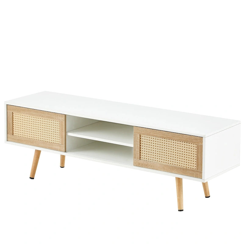 55.12  TV Stand with Double Sliding Doors, Solid Wood Legs and Adjustable Shelf for Living Room