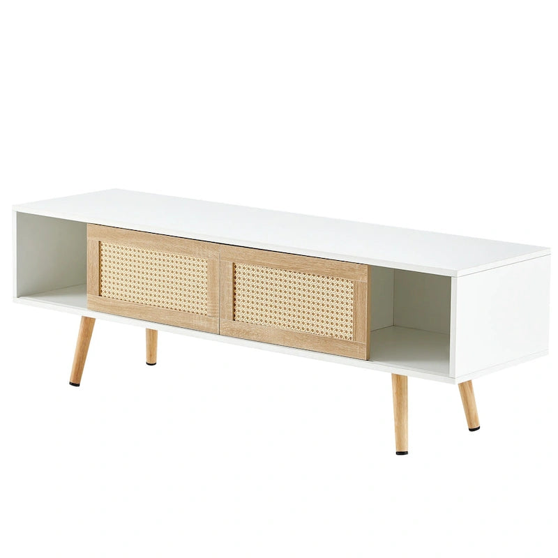55.12  TV Stand with Double Sliding Doors, Solid Wood Legs and Adjustable Shelf for Living Room
