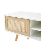 55.12  TV Stand with Double Sliding Doors, Solid Wood Legs and Adjustable Shelf for Living Room