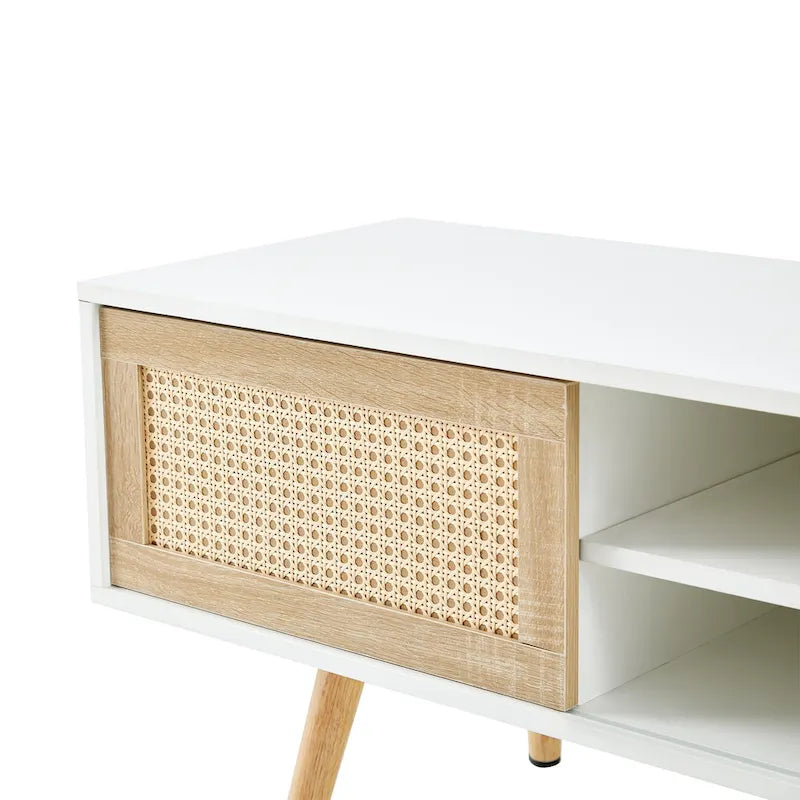 55.12  TV Stand with Double Sliding Doors, Solid Wood Legs and Adjustable Shelf for Living Room