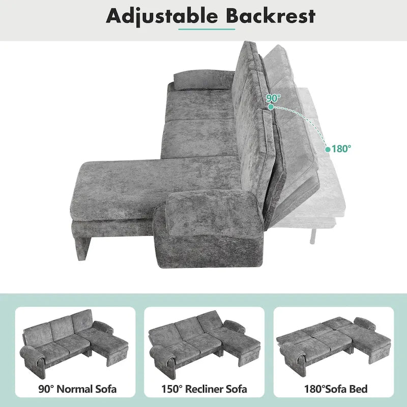 94.1  Chenille L-Shaped Futon Sofa with Adjustable Backrest & Reversible Chaise