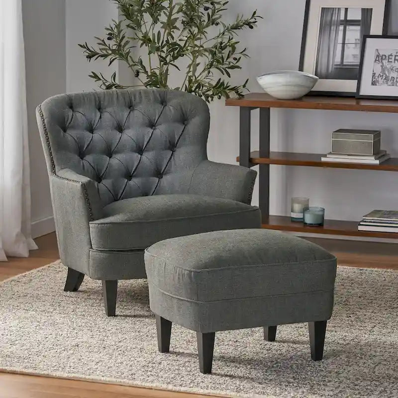 Modern 32.5  Upholstered Club Chair with Ottoman Set amd Nailheads for Living Room