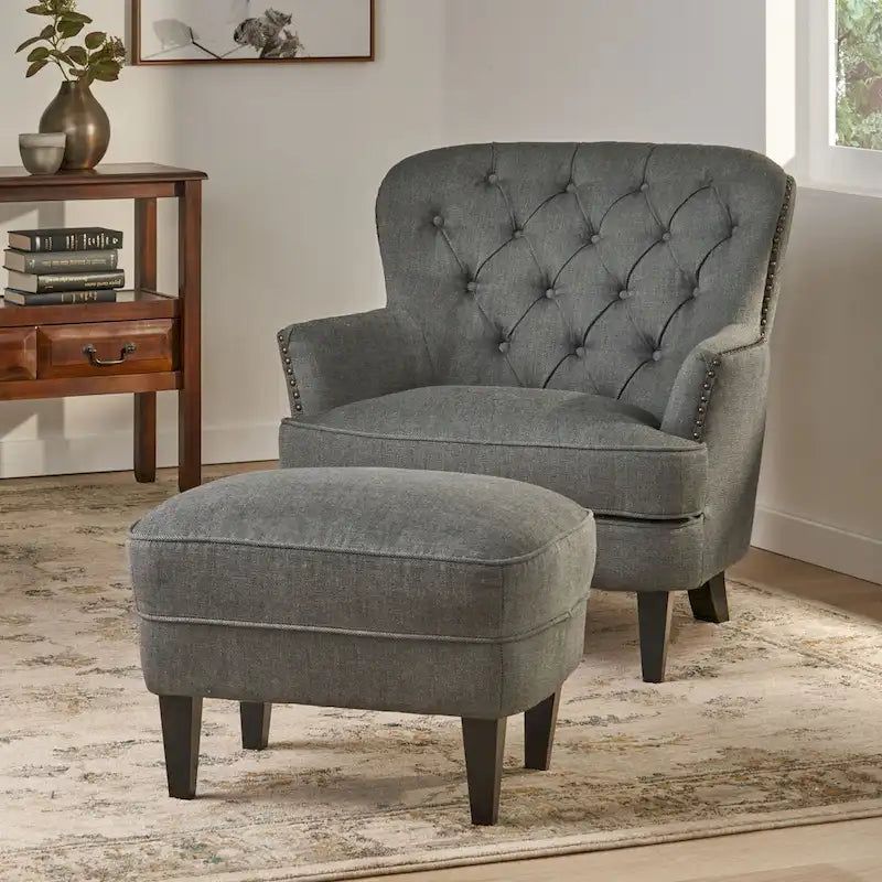 Modern 32.5  Upholstered Club Chair with Ottoman Set amd Nailheads for Living Room