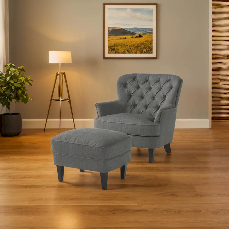 Modern 32.5  Upholstered Club Chair with Ottoman Set amd Nailheads for Living Room