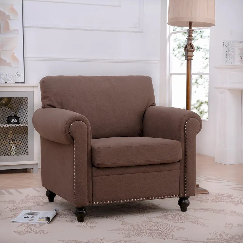 Brown Modern 37.4  Upholstered Accent Chair with Solid Wood Frame and Nailheads for Living Room