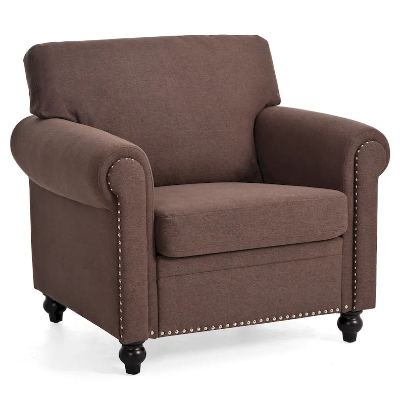 Brown Modern 37.4  Upholstered Accent Chair with Solid Wood Frame and Nailheads for Living Room