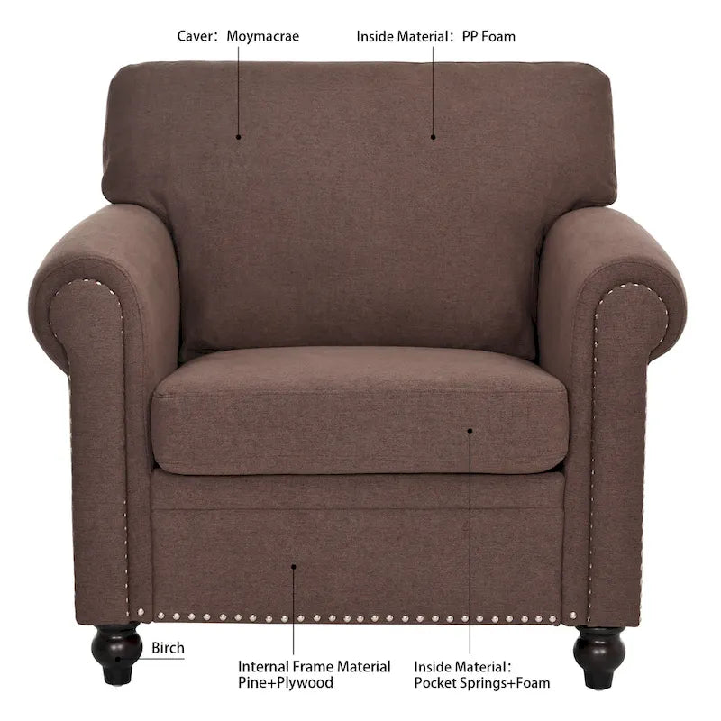 Brown Modern 37.4  Upholstered Accent Chair with Solid Wood Frame and Nailheads for Living Room