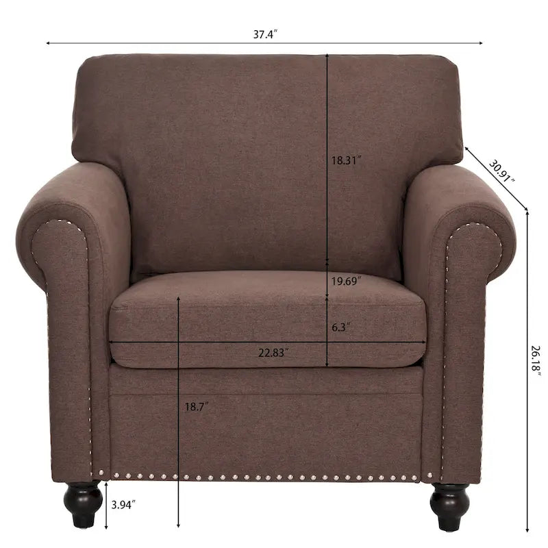 Brown Modern 37.4  Upholstered Accent Chair with Solid Wood Frame and Nailheads for Living Room