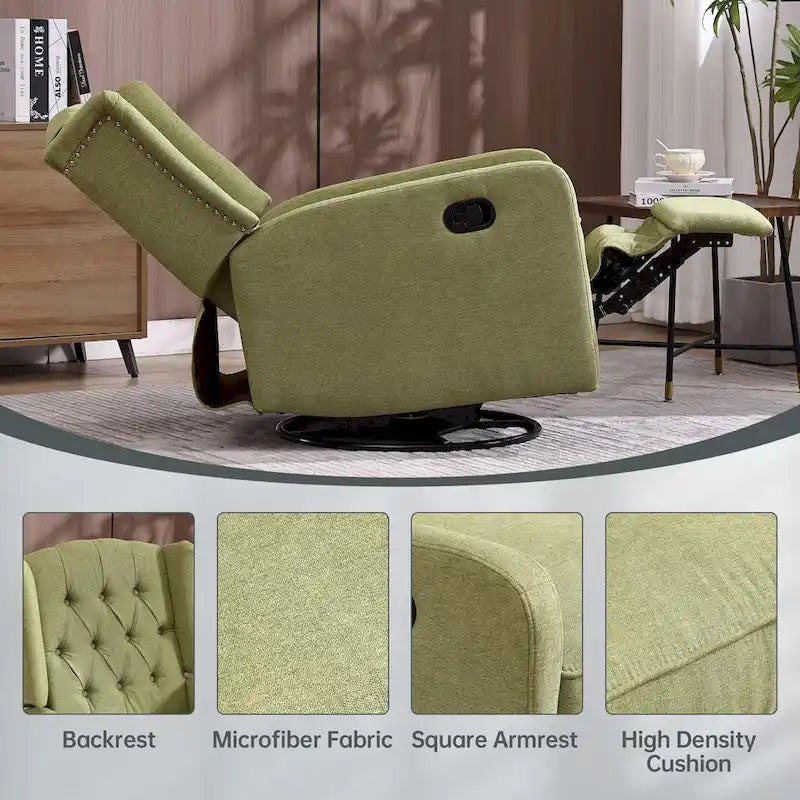 Olive Green Linen 360 Swivel Glider Rocker Manual Recliner with Button-tufted Backrest and Footrest for Living Room, Bedroom