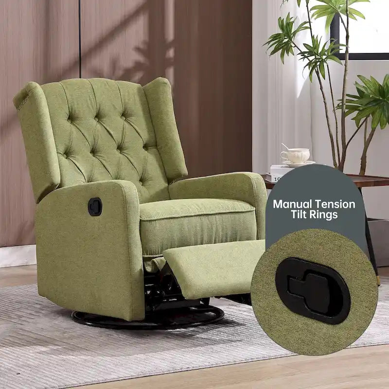Olive Green Linen 360 Swivel Glider Rocker Manual Recliner with Button-tufted Backrest and Footrest for Living Room, Bedroom