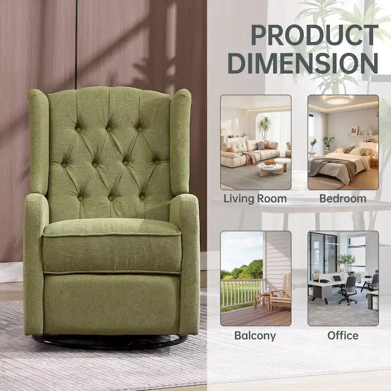 Olive Green Linen 360 Swivel Glider Rocker Manual Recliner with Button-tufted Backrest and Footrest for Living Room, Bedroom