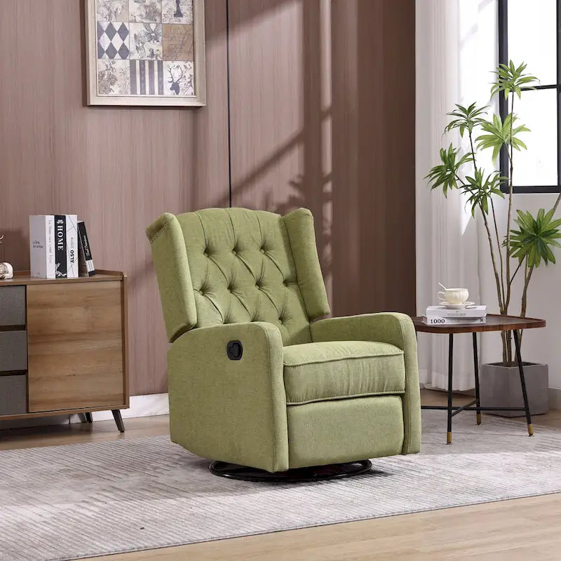 Olive Green Linen 360 Swivel Glider Rocker Manual Recliner with Button-tufted Backrest and Footrest for Living Room, Bedroom