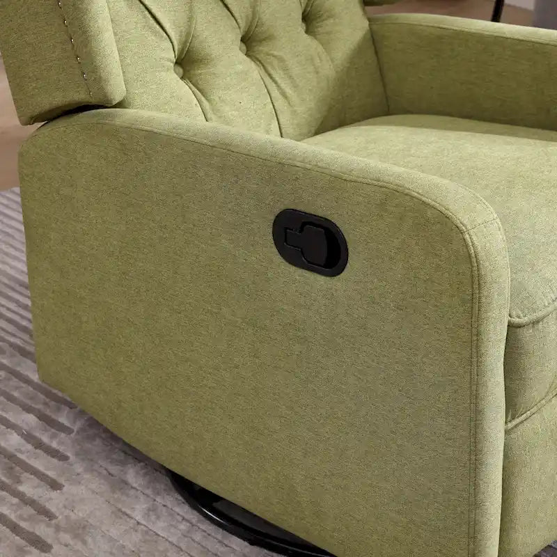 Olive Green Linen 360 Swivel Glider Rocker Manual Recliner with Button-tufted Backrest and Footrest for Living Room, Bedroom
