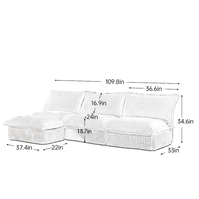 Corduroy Slipcovered 3-Seater Armless Sectional Sofa with Reversible Ottoman, Free Combination Design, and Removable Covers